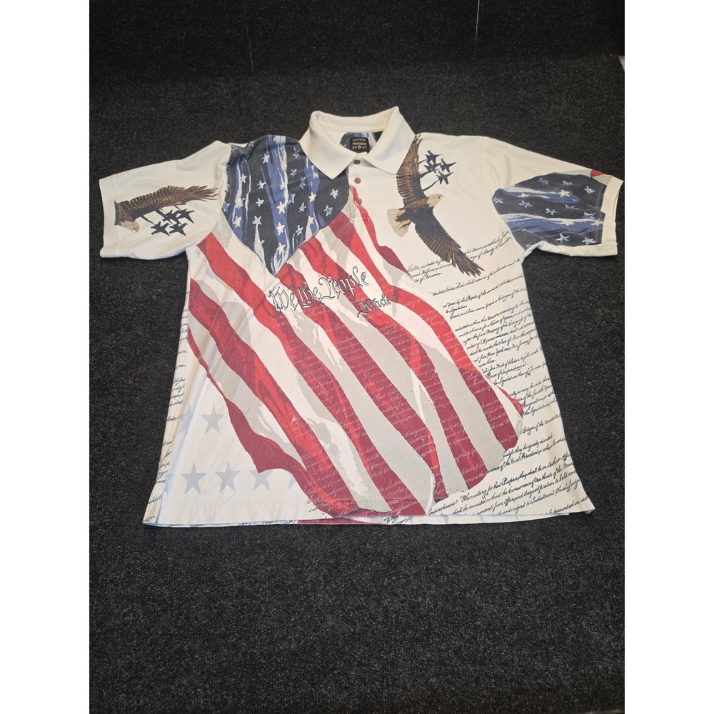 Cotton Traders Sport Mens XL American Flag Eagle Constitution Polo Shirt White